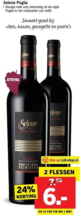 Aanbiedingen Selone puglia - Rode wijnen - Geldig van 20/02/2017 tot 26/02/2017 bij Lidl