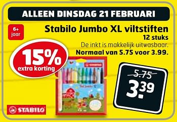 Aanbiedingen Stabilo jumbo xl viltstiften - Stabilo - Geldig van 21/02/2017 tot 26/02/2017 bij Trekpleister
