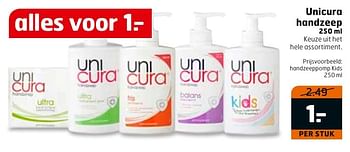 Aanbiedingen Unicura handzeep handzeeppomp kids - Unicura - Geldig van 13/02/2017 tot 26/02/2017 bij Trekpleister