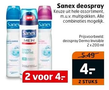 Aanbiedingen Sanex deospray dermo invisible - Sanex - Geldig van 13/02/2017 tot 26/02/2017 bij Trekpleister
