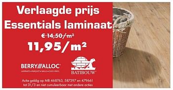 Aanbiedingen Verlaagde prijs essentials laminaat - Berry Alloc - Geldig van 26/02/2017 tot 31/03/2017 bij Multi Bazar