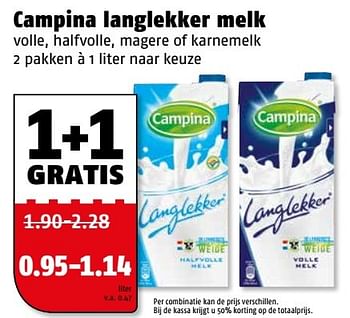 Aanbiedingen Campina langlekker melk - Campina - Geldig van 20/02/2017 tot 26/02/2017 bij Poiesz