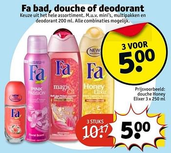 Aanbiedingen Fa bad, douche of deodorant douche honey elixer - Fa - Geldig van 21/02/2017 tot 05/03/2017 bij Kruidvat