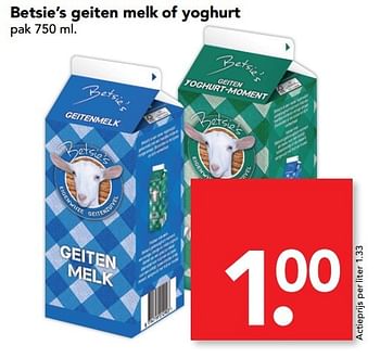 Aanbiedingen Betsie`s geiten melk of yoghurt - Betsie's - Geldig van 27/02/2017 tot 04/03/2017 bij Deen Supermarkten