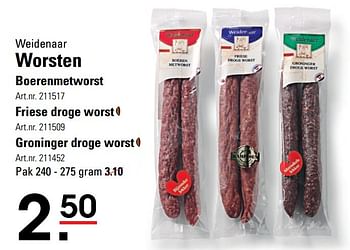 Aanbiedingen Worsten boerenmetworst - Weidenaar - Geldig van 15/02/2017 tot 06/03/2017 bij Sligro