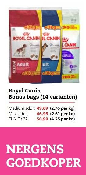 Aanbiedingen Royal canin bonus bags medium adult - Royal Canin - Geldig van 20/02/2017 tot 05/03/2017 bij Pets Place