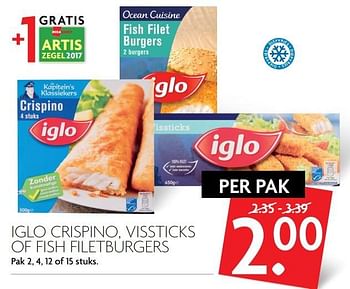 Aanbiedingen Iglo crispino, vissticks of fish filetburgers - Iglo - Geldig van 26/02/2017 tot 04/03/2017 bij Deka Markt