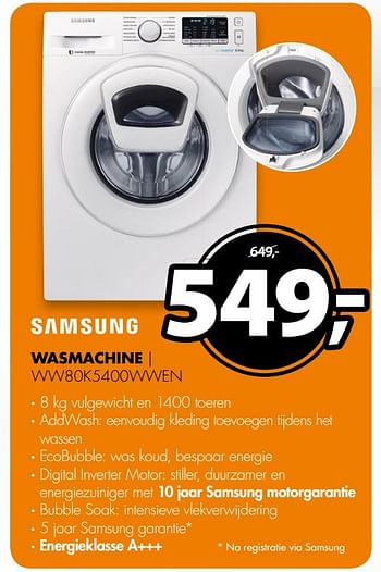 Aanbiedingen Samsung wasmachine ww80k5400wwen - Samsung - Geldig van 26/02/2017 tot 05/03/2017 bij Expert