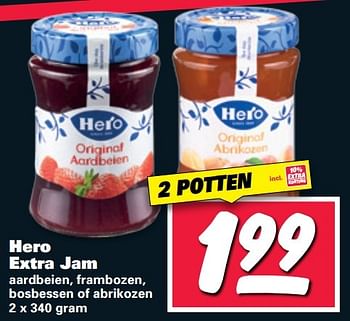 Aanbiedingen Hero extra jam aardbeien, frambozen, bosbessen of abrikozen - Hero - Geldig van 27/02/2017 tot 05/03/2017 bij Nettorama