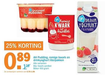 Aanbiedingen Ah pudding, romige kwark en drinkyoghurt literpakken - Huismerk - Albert Heijn - Geldig van 27/02/2017 tot 05/03/2017 bij Albert Heijn
