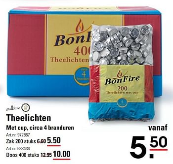 Aanbiedingen Theelichten - Bonfire - Geldig van 15/02/2017 tot 06/03/2017 bij Sligro