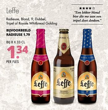 Aanbiedingen Leffe radieuse, blond, 9, dubbel, tripel of royale whitbread golding - Leffe - Geldig van 27/02/2017 tot 11/03/2017 bij Mitra