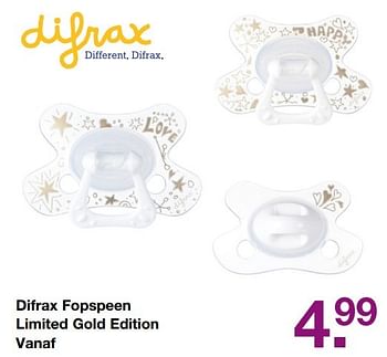 Aanbiedingen Difrax fopspeen limited gold edition - Difrax - Geldig van 19/02/2017 tot 13/03/2017 bij Baby & Tiener Megastore