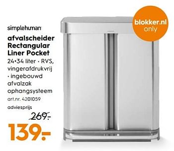 Aanbiedingen Afvalscheider rectangular liner pocket - Simplehuman - Geldig van 25/02/2017 tot 08/03/2017 bij Blokker
