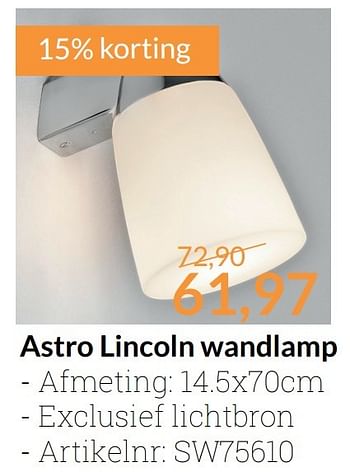 Aanbiedingen Astro lincoln wandlamp - Astro - Geldig van 01/03/2017 tot 31/03/2017 bij Sanitairwinkel