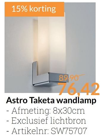 Aanbiedingen Astro taketa wandlamp - Astro - Geldig van 01/03/2017 tot 31/03/2017 bij Sanitairwinkel