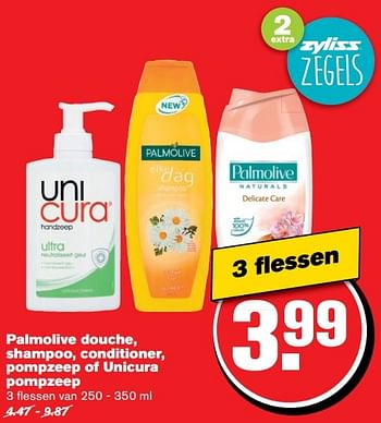 Aanbiedingen Palmolive douche, shampoo, conditioner, pompzeep of unicura pompzeep - Huismerk - Hoogvliet - Geldig van 01/03/2017 tot 07/03/2017 bij Hoogvliet