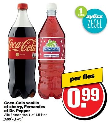 Aanbiedingen Coca-cola vanilla of cherry, fernandes of dr. pepper - Coca Cola - Geldig van 01/03/2017 tot 07/03/2017 bij Hoogvliet
