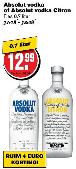 Aanbiedingen Absolut vodka of absolut vodka citron - Absolut - Geldig van 01/03/2017 tot 07/03/2017 bij Hoogvliet