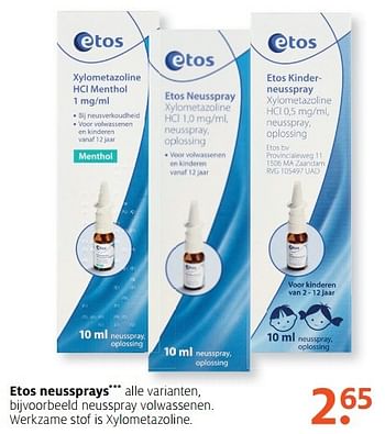 Aanbiedingen Etos neussprays volwassenen. werkzame stof is xylometazoline - Huismerk - Etos - Geldig van 27/02/2017 tot 12/03/2017 bij Etos