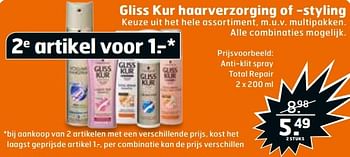Aanbiedingen Anti-klit spray total repair - Gliss Kur - Geldig van 28/02/2017 tot 12/03/2017 bij Trekpleister