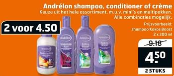 Aanbiedingen Shampoo kokos boost - Andrelon - Geldig van 28/02/2017 tot 12/03/2017 bij Trekpleister
