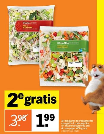 Aanbiedingen Ah italiaanse roerbakgroente courgette + rode paprika en thaise wokgroente prei + rode peper - Huismerk - Albert Heijn - Geldig van 06/03/2017 tot 12/03/2017 bij Albert Heijn