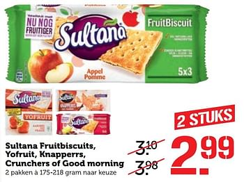 Aanbiedingen Sultana fruitbiscuits yofruit knapperrs crunchers of good morning - Sultana - Geldig van 05/03/2017 tot 12/03/2017 bij Coop