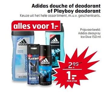 Aanbiedingen Adidas douche of deodorant of playboy deodorant - Adidas - Geldig van 07/03/2017 tot 12/03/2017 bij Trekpleister