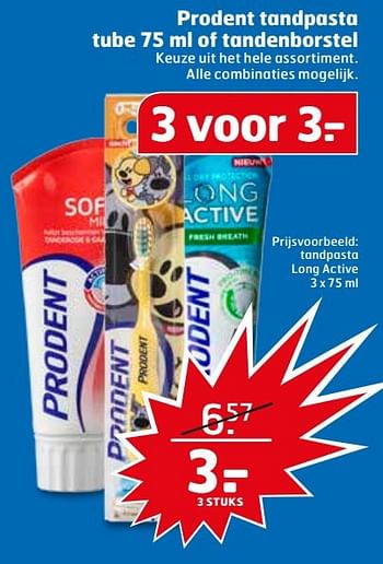 Aanbiedingen Prodent tandpasta tube of tandenborstel - Prodent - Geldig van 07/03/2017 tot 12/03/2017 bij Trekpleister