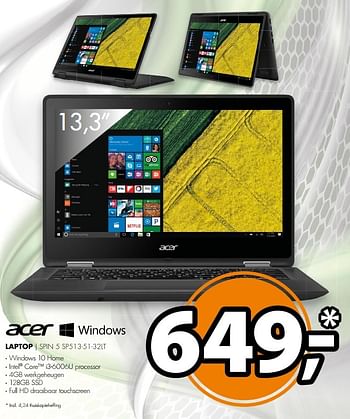 Aanbiedingen Acer laptop spin 5 sp513-51-32lt - Acer - Geldig van 05/03/2017 tot 12/03/2017 bij Expert