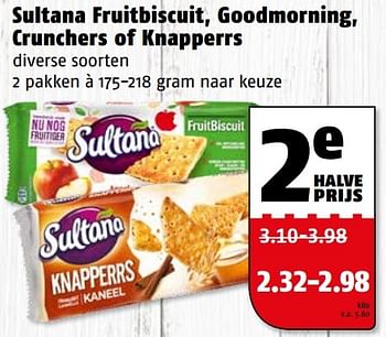 Aanbiedingen Sultana fruitbiscuit, goodmorning, crunchers of knapperrs - Sultana - Geldig van 06/03/2017 tot 12/03/2017 bij Poiesz