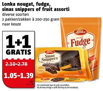 Aanbiedingen Lonka nougat, fudge, sinas snippers of fruit assorti - Lonka - Geldig van 06/03/2017 tot 12/03/2017 bij Poiesz