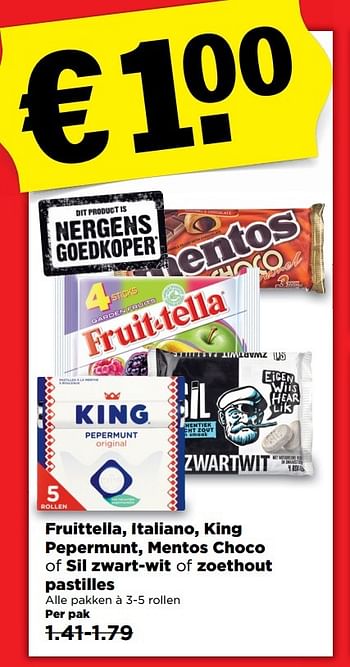 Aanbiedingen Fruittella, italiano, king pepermunt, mentos choco of sil zwart-wit of zoethout pastilles - Huismerk - Plus - Geldig van 12/03/2017 tot 18/03/2017 bij Plus