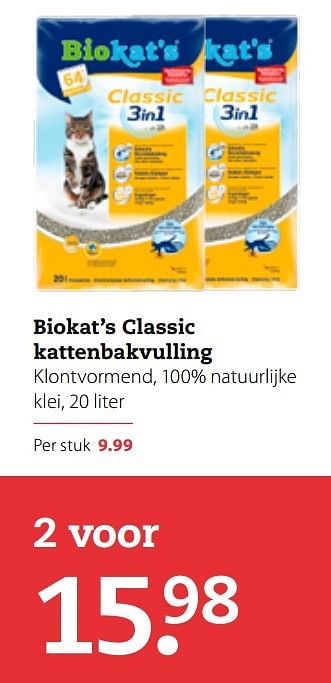 Aanbiedingen Biokat`s classic kattenbakvulling - Bio kat`s - Geldig van 06/03/2017 tot 19/03/2017 bij Pets Place