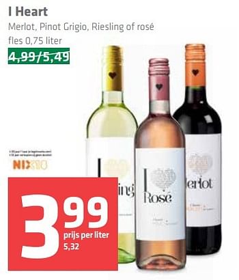 Aanbiedingen I heart merlot, pinot grigio, riesling of rosé - Rosé wijnen - Geldig van 09/03/2017 tot 15/03/2017 bij Spar