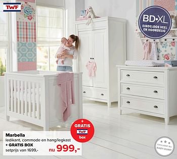 Aanbiedingen Marbella ledikant, commode en hang-legkast + gratis box - TWF - Geldig van 06/03/2017 tot 02/04/2017 bij Baby-Dump