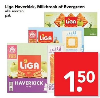 Aanbiedingen Liga haverkick, milkbreak of evergreen - Liga - Geldig van 12/03/2017 tot 18/03/2017 bij Deen Supermarkten