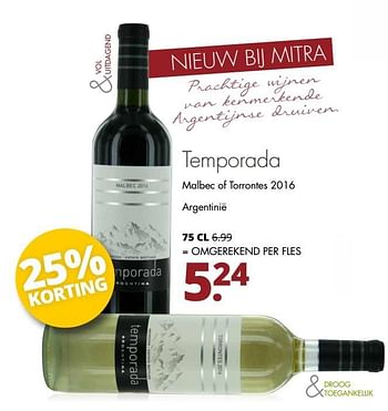 Aanbiedingen Temporada malbec of torrontes 2016 argentinië - Rode wijnen - Geldig van 12/03/2017 tot 25/03/2017 bij Mitra