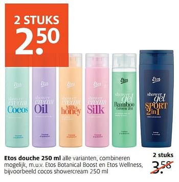 Aanbiedingen Etos douche 250 ml cocos showercream 2 stuks - Huismerk - Etos - Geldig van 13/03/2017 tot 26/03/2017 bij Etos