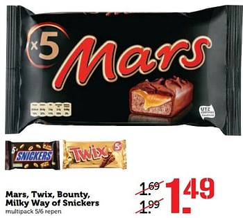 Aanbiedingen Mars, twix, bounty, milky way of snickers - Snickers - Geldig van 20/03/2017 tot 26/03/2017 bij Coop