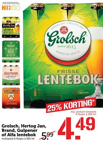 Aanbiedingen Grolsch, hertog jan, brand, gulpener of alfa lentebok - Huismerk - Coop - Geldig van 20/03/2017 tot 26/03/2017 bij Coop