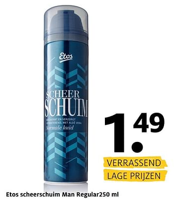 Aanbiedingen Etos scheerschuim man regular - Huismerk - Etos - Geldig van 20/03/2017 tot 26/03/2017 bij Etos