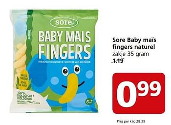 Aanbiedingen Sore baby maïs fingers naturel - Sore - Geldig van 20/03/2017 tot 26/03/2017 bij Jan Linders