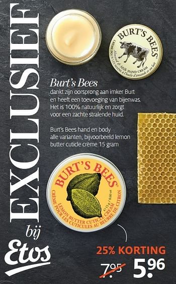 Aanbiedingen Lemon butter cuticle crème - Burt`s bees - Geldig van 20/03/2017 tot 26/03/2017 bij Etos