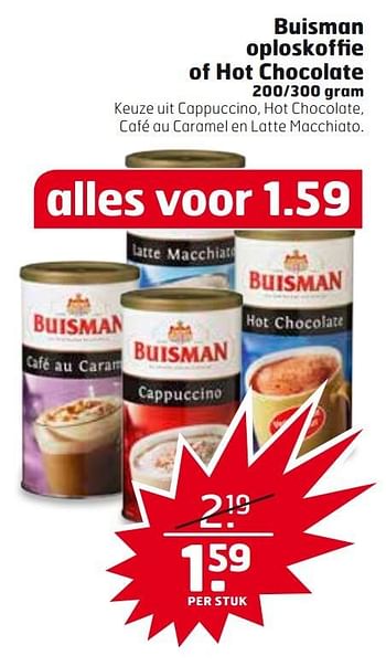 Aanbiedingen Buisman oploskoffie of hot chocolate - Buisman - Geldig van 14/03/2017 tot 26/03/2017 bij Trekpleister