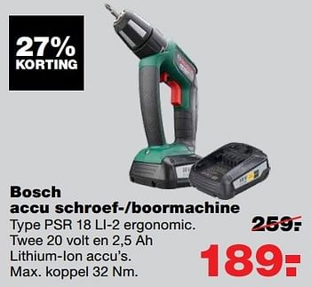Aanbiedingen Bosch accu schroef--boormachine psr 18 li-2 ergonomic - Bosch - Geldig van 20/03/2017 tot 26/03/2017 bij Praxis