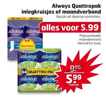 Aanbiedingen Always quattropak inlegkruisjes of maandverband - Always - Geldig van 21/03/2017 tot 26/03/2017 bij Trekpleister