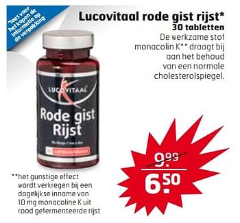 Aanbiedingen Lucovitaal rode gist rijst* 30 tabletten - Lucovitaal - Geldig van 21/03/2017 tot 26/03/2017 bij Trekpleister