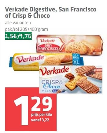 Aanbiedingen Verkade digestive, san francisco of crisp + choco - Verkade - Geldig van 17/03/2017 tot 22/03/2017 bij Spar